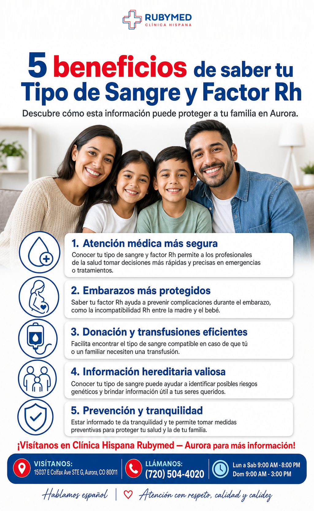 Infografía: ¿Sabes tu tipo de sangre y Factor Rh? 5 beneficios clave para tu familia en Aurora