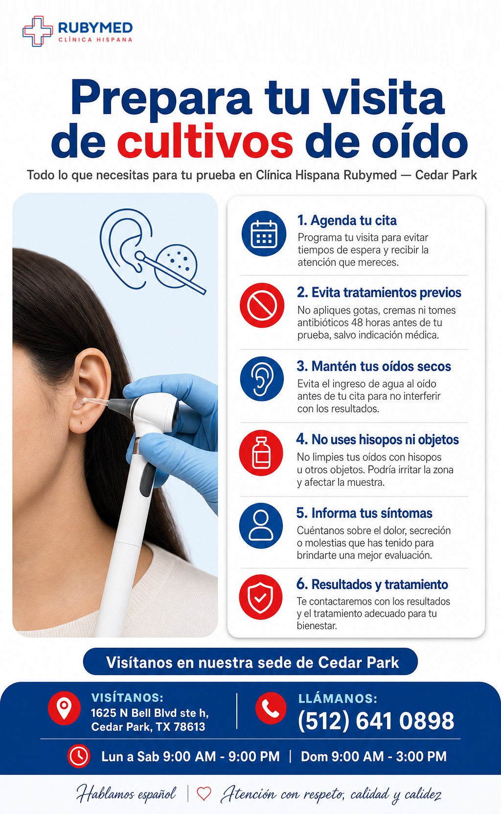 Infografía: ¿Tienes molestias en el oído? Qué preparar antes de tu prueba de cultivo en Cedar Park