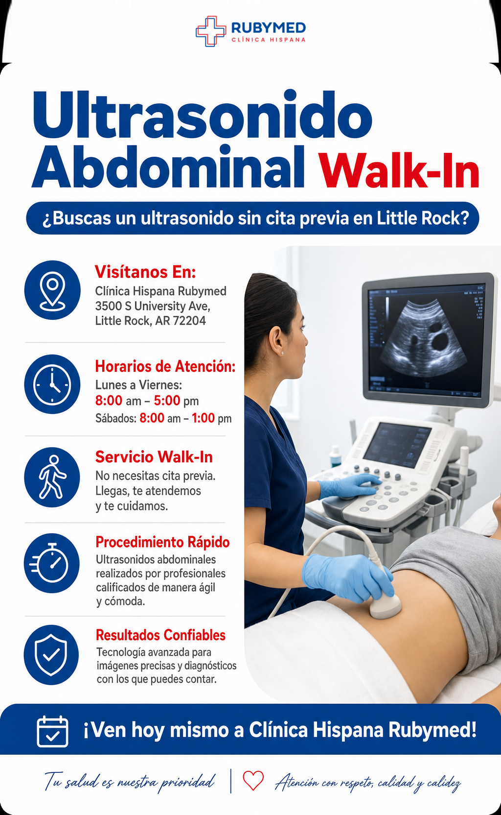 Infografía: ¿Buscas un ultrasonido abdominal sin cita? Cómo funciona la atención walk-in en Little Rock