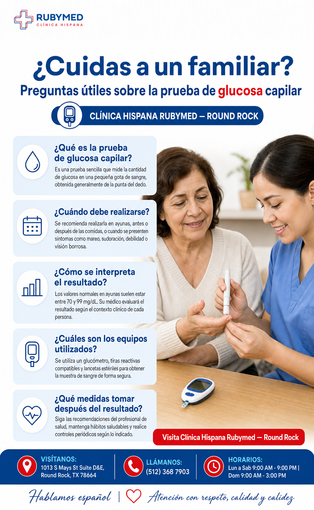 Infografía: ¿Cuidas a un familiar? Qué preguntar sobre la prueba de glucosa capilar en su consulta