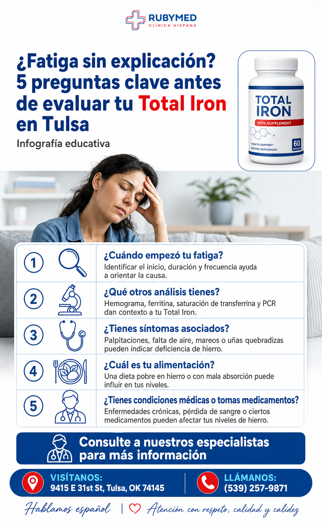 Infografía: ¿Fatiga sin explicación? 5 preguntas clave antes de evaluar tu Total Iron en Tulsa