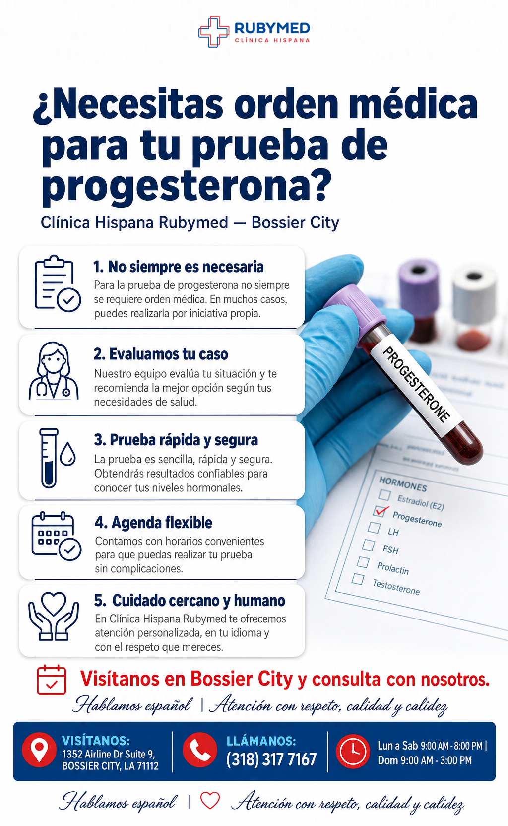 Infografía: ¿Necesitas orden médica para tu prueba de progesterona en Bossier City?